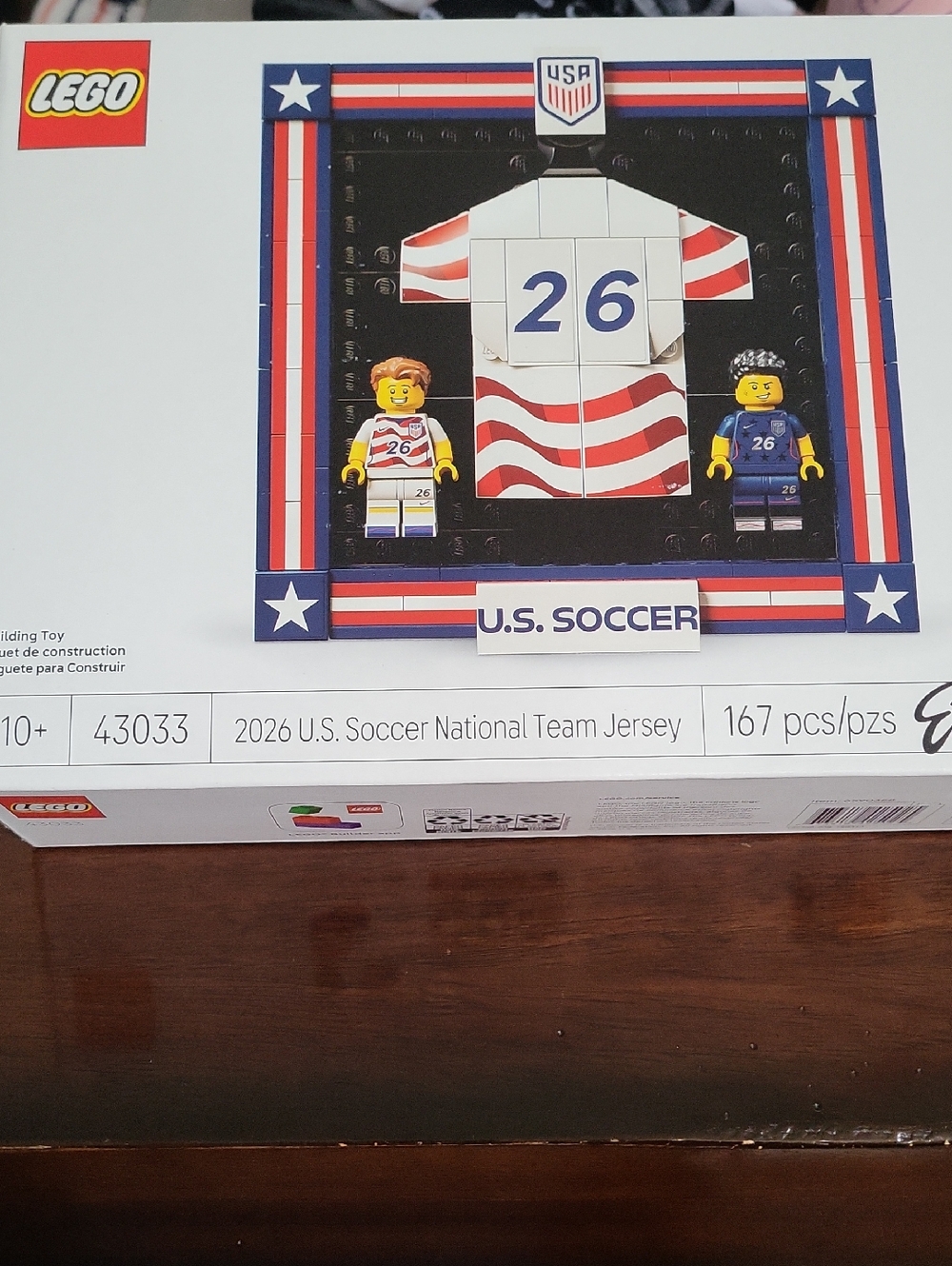 Lego U.S. Soccer Jersey Display with Red White Blue Accents